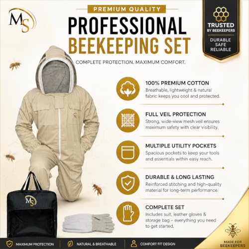MS Premium Ventilated Cotton Beekeeping Suit with Fencing Veil & Protective Gloves – Full Body Beekeeper Suit for Men & Women - color: Beige, size: Medium