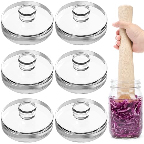 Jucoan 6 Pack Glass Fermentation Weights with Easy Grip Handle for Wide Mouth Mason Jars and 1 Pcs Beech Wood Vegetable Tamper Sauerkraut Pounder, Fermentation Pickle Kit, Sauerkraut Making Kit - size: 7 Pack