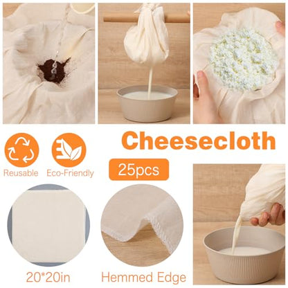 25 PCS Reusable Cheese Cloths, 20 x 20 Inches Hemmed Cloths for Straining Liquid, Unbleached Strainer for Cooking, Baking, Juicing, Cheese Making