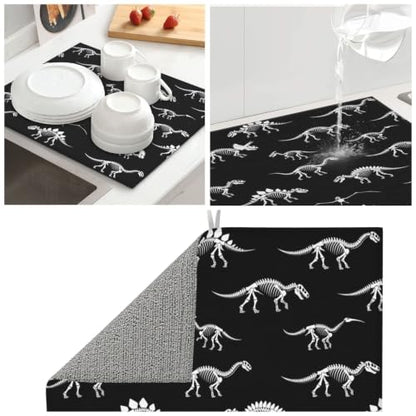 Black Dinosaur Skeletons Dish Drying Mats for Kitchen Counter, Super Absorbent Microfiber Drainer Pad, Washable Reversible Appliance Protector, Everyday Kitchen Must-Have, 16x18 Inch - color: Black Dinosaur Skeletons