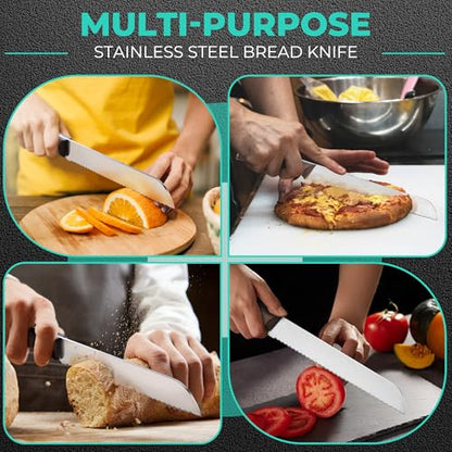 HAUSHOF Bread Knife with Sheath, 8-Inch Serrated Bread Knife for Homemade Bread, 5Cr15Mov Premium Stainless Steel Bread Cutter with Gift Box for Mom Dad, Full Tang and Ergonomic Handle - size: 8"