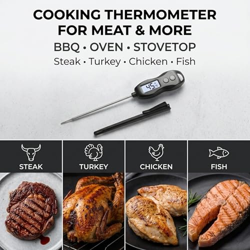 Meat Thermometer Digital Instant Read, Waterproof for Cooking & BBQ (Black) | Backlit food thermometer with 5.3” probe for steak, turkey, oil, candy, liquids, sourdough & baking