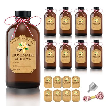 8Pcs 4 oz Amber Glass Bottle Brown Round Bottles with Caps, for Vanilla Extract Homemade, with Stickers and Funnel, for Syrup Gift Glass Food Storage Canister Set, Sauce Beans, Essential Oil - color: 8 Pcs 4 Ounce