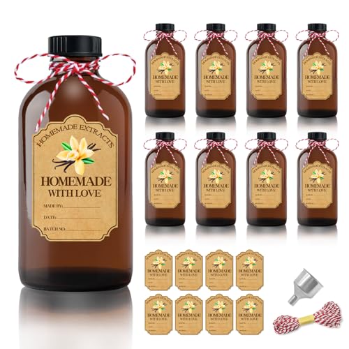 8Pcs 4 oz Amber Glass Bottle Brown Round Bottles with Caps, for Vanilla Extract Homemade, with Stickers and Funnel, for Syrup Gift Glass Food Storage Canister Set, Sauce Beans, Essential Oil - color: 8 Pcs 4 Ounce