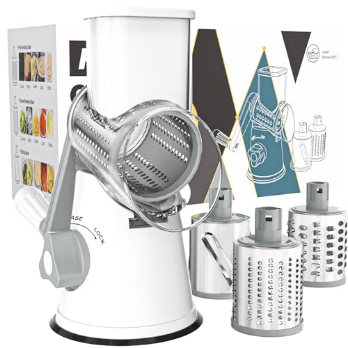 Cambom Rotary Cheese Grater Hand Crank Cheese Shredder for Fresh Cheese, Vegetable, Nuts,Non-slip Suction Base,Three Blades,White - color: White, size: 3 BLADES