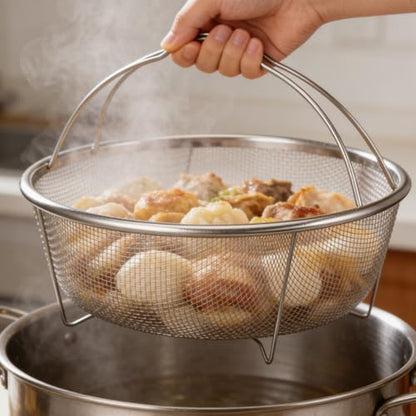 Unomor 9" Stainless Steel Fryer Basket – Mesh Deep Fry Strainer with Handle & Feet for Oil Draining, Steaming Veggies, Pasta, Eggs; Round Wire Insert Fits Most Pots for Home & Party Cooking