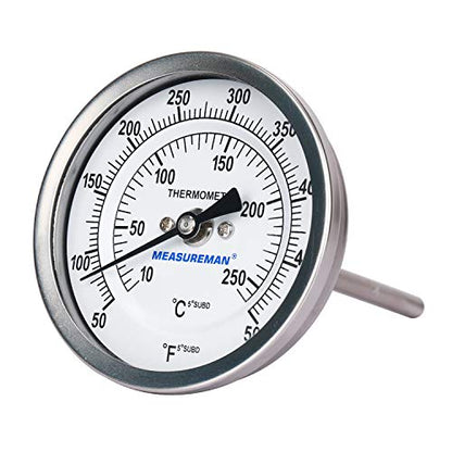 Measureman Fully Stainless Steel Bimetal Dial Thermometer, 3" Dial, 4" Stem, 50-500 deg F/10-260 deg C, -1% Accuracy, Adjustable, 1/2" NPT Back Mount - size: 50-500 deg F/10-260 deg C, style: 4" Stem