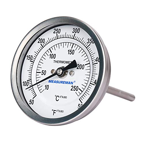 Measureman Fully Stainless Steel Bimetal Dial Thermometer, 3" Dial, 4" Stem, 50-500 deg F/10-260 deg C, -1% Accuracy, Adjustable, 1/2" NPT Back Mount - size: 50-500 deg F/10-260 deg C, style: 4" Stem