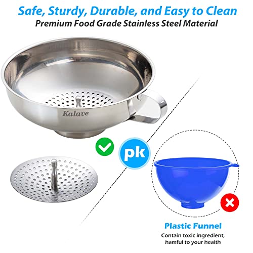 Kalave Canning Funnel, Food Grade Stainless Steel Canning Funnels with Strainer, Wide Mouth Funnels for Kitchen Use, Canning Supplies Kit for Wide and Regular Mason Jars - 3 Pack (Small and Large)