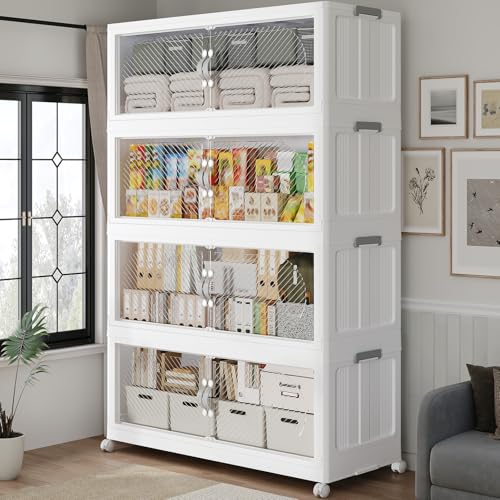 60Gal/240QT 4-Tiers Extra Large Stackable Storage Bins with Lid, Collapsible Cabinet Closet Organizer Plastic Container Box with Wheels Doors Drawers for Office Dorm Kitchen, White - color: White, size: 15Gal-4Pack