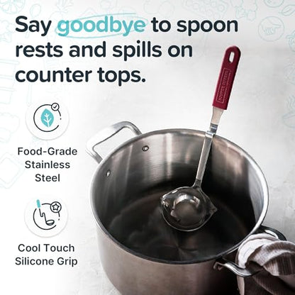 Souper Cubes + Lori Greiner No Mess Stainless Steel Soup Ladle with Silicone Handle - Metal Soup Ladle with No Mess Design That Hooks on Side of Any Pot - Cranberry - color: Cranberry, size: Ladle 1-Pack