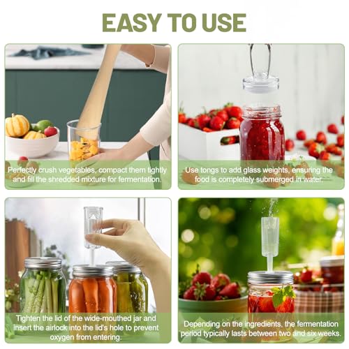 Fermentation Kit for Wide Mouth Mason Jars-4 Stainless Steel Fermentation Lids,4 Glass Fermentation Weights,1 Silicone Tong,1 sauerkraut pound, 1Wooden Handle Brush Cleaner（ Jars Not Included ）