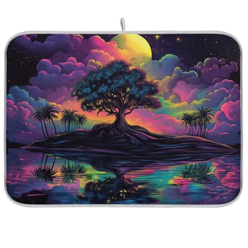 Palm Tree Colorful Dish Drying Mat for Kitchen Counter Super Absorbent Draining Mat with Non-slip Backed Dishwashing Mat for Dish Bottles Cups Bowl Draining Racks Countertops Sinks