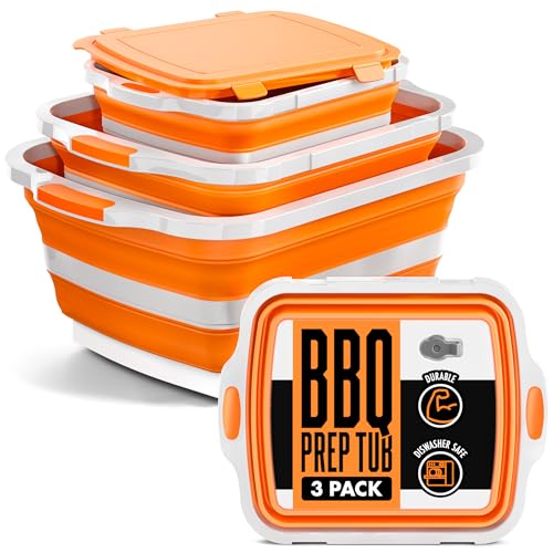 Modern Innovations Collapsible BBQ Prep Tubs, 3 Pack, Orange, Locking Lids | BBQ Marinating Tubs, Cutting Board Lids, Drain Spouts, Small Medium Large, Collapsible, Camping, Tailgating - color: Orange