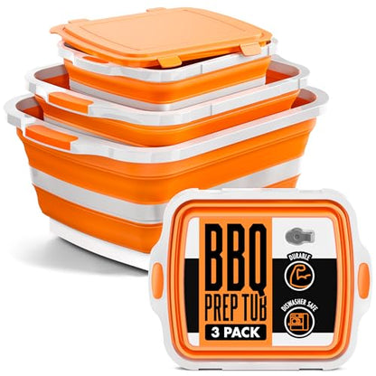 Modern Innovations Collapsible BBQ Prep Tubs, 3 Pack, Orange, Locking Lids | BBQ Marinating Tubs, Cutting Board Lids, Drain Spouts, Small Medium Large, Collapsible, Camping, Tailgating - color: Orange