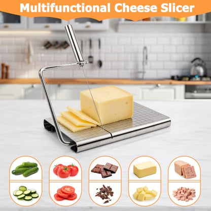 RedCall Cheese Slicer with 4 Piece Cheese Knives Set, Stainless Steel Cheese Cutter with Measuring Grids,Tightness Adjustable Wire Cheese Slicer for Block Cheese, with 5 Extra Wires