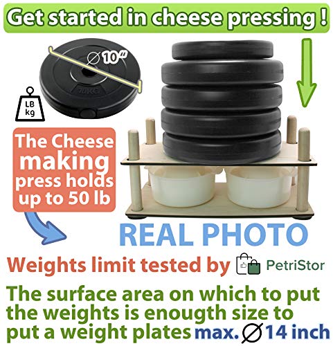 Wooden Cheese Press for Cheese Making Supplies 16 in Wooden Guides and 2 Cheese Mold with Follower Piston 1.3 Qt - Small Home Supply Ultimate Cheese Press Machine - Prensa Para Queso Casero