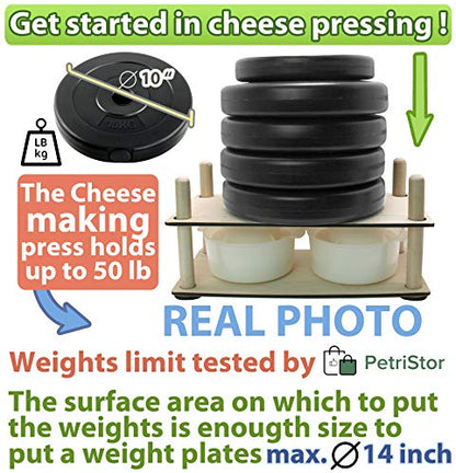 Wooden Cheese Press for Cheese Making Supplies 16 in Wooden Guides and 2 Cheese Mold with Follower Piston 1.3 Qt - Small Home Supply Ultimate Cheese Press Machine - Prensa Para Queso Casero
