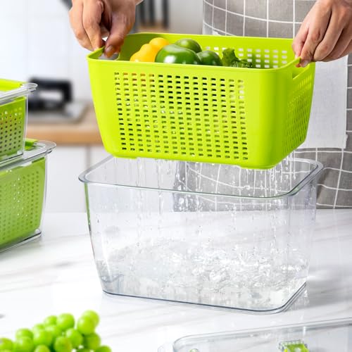 LUXEAR Fresh Container, 3PACK Produce Saver Container BPA Free Fridge Organizer for Vegetable Fruit and Salad Partitioned Food Storage Container with Vents Stay Fresh Containers Not Dishwashers Safe - color: Green