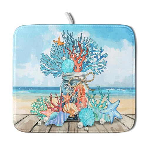 Coastal Coral Dish Drying Mat 16x18 inch Starfish Shell Fast Dry Microfiber Dish Rack Mats Drainer Pad for Countertop Kitchen Table Decor - color: Coral Vase, size: 16" x 18"