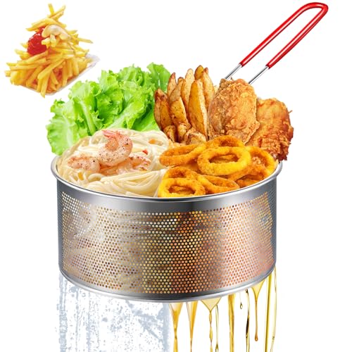 Yimi Deep Fryer Basket 304 Stainless Steel for Frying French Fries Cooking | 7.8''x4.1'' Round Frying Baskets with Heat Resistant Silicone Handle for Kitchen Cooking, Serving Food, 3-Quart - size: 7.8'' Deep Fry Basket