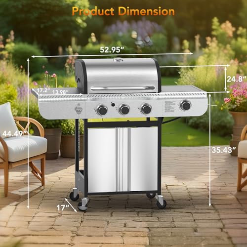 Electactic 3-Burner Propane Gas BBQ Grill with Side Burner,Stainless Steel Grill with Porcelain-Enameled Grates,34000 BTU Barbecue Grill, Suitable for Outdoor Cooking,Camping,Patio Backyard - size: 3 Burner Gas Grills with Side Burner