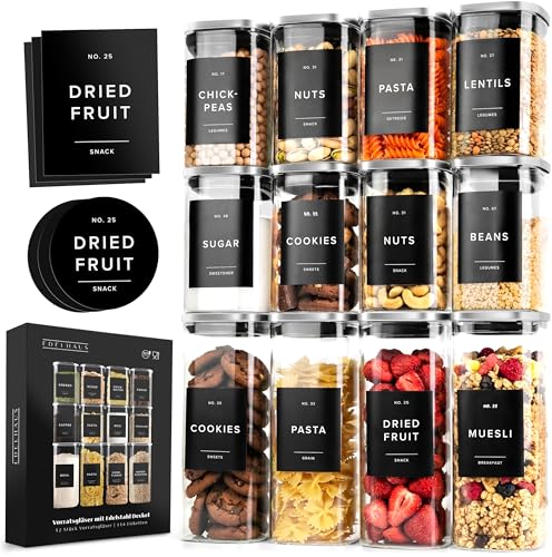 EDELHAUS Square Glass Storage Containers with Stainless Steel Lids 12-Pack (4x 30 oz, 8x 17 oz) Glass Storage Jars with Lids for Food, Stackable Glass Kitchen Canisters with 114 Labels for Pantry - color: Stainless Steel Lids + Black Labels