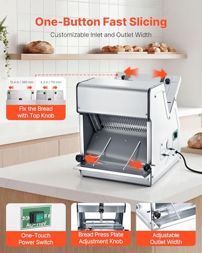 VEVOR Electric Bread Slicer, 370W 1680RPM Bread Slicing C, Stainless Steel Countertop Bread Cutter Machine for 12mm Slice Thickness, Commercial & Home Use for Bakeries Restaurants, 120V - size: Electric