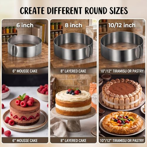 Amylove 1 Pcs Adjustable 6-12 Inch Round Cookie Cutter, Circle Cookie Cutter Stainless Steel Round Cake Trimmer for Baking Kit Mousse Layered Cake Biscuit Food Tiramisu Pastry