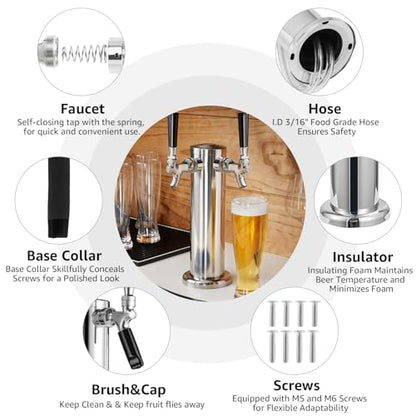Kegerator Tower Dual Tap Beer Tower Dispenser, Draft Beer Tap Tower Kegerator Parts, Upgraded 3" Flange Keg Tower with Pre-Assembled Tubing & Self-Closing Brass Beer Faucet Stainless Core - size: Dual Tap Beer Tower(Brass Faucet)