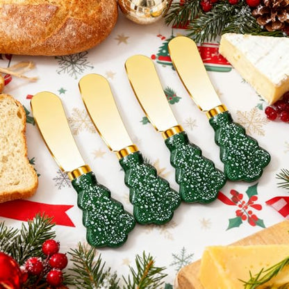 Christmas Tree Spreader Knife Set, Gold Stainless Steel Butter Knives, Holiday Serving Utensils for Cheese Jam, Gift for Home Bakers, 4-Piece - color: Green