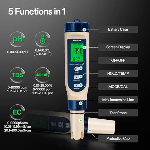 VIVOSUN 5-in-1 Digital PH Meter with PH/Salinity/TDS/EC/Temperature Function, Backlight Screen, IP67 Waterproof for Hydroponics, Home Drinking, Pool and Aquarium - color: Blue