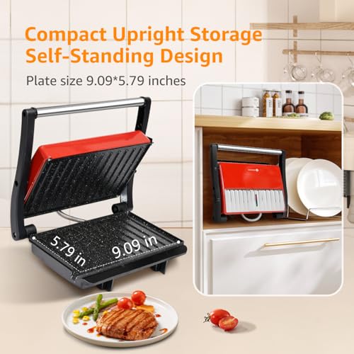 Panini Press Grill, Aigostar 1000W Sandwich Maker with Ceramic Non-stick Plates, Opens 180 Degrees for Any Size Food, 3-in-1 Sandwich Press Electric Grill, Drip Spout & Locking Lid, Red - color: Red