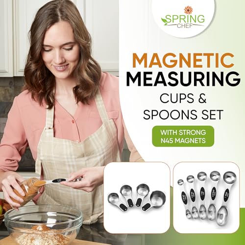 Spring Chef Magnetic Measuring Cups & Spoons Set, Patented, Strong N45 Magnets, Heavy Duty Stainless Steel Fits in Spice Jars for Baking & Cooking, BPA Free, Round Set of 9, Black - color: Black, size: Set of 9