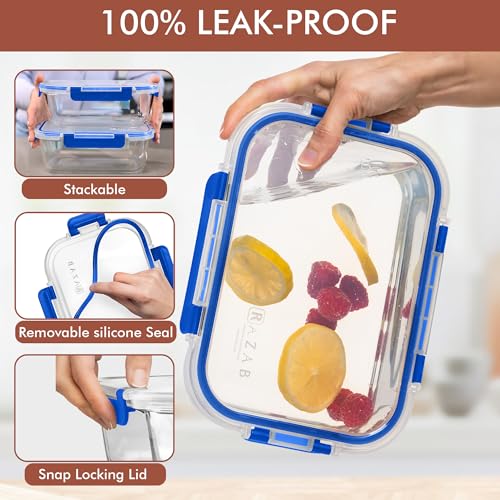 Razab 2 Pcs 1860ml / 63 Oz Large Glass Food Storage Containers with Lids - Glass Meal Prep Containers with Locking Lids for Roasting, Storing Leftover, Lunch Container, BPA Free, Microwave & Oven Safe - color: Blue