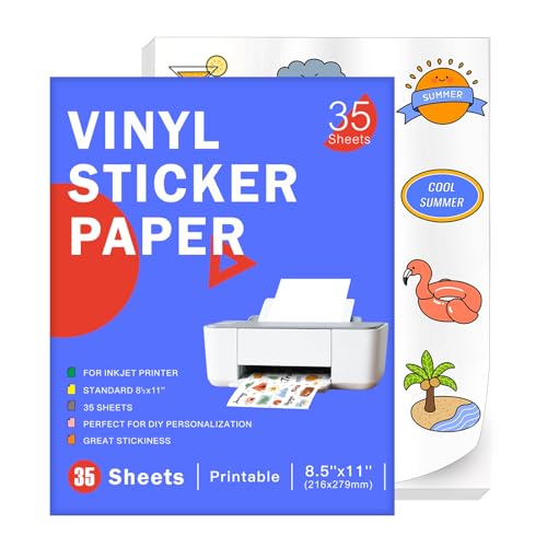 Aevdor 35 Sheets Premium Printable Vinyl Sticker Paper for Inkjet Printer, Glossy White Waterproof, Dries Quickly, Vivid Colors, 8.5x11 Inkjet Vinyl Sticker Paper Great for Cutting Machines - size: 35 Sheets