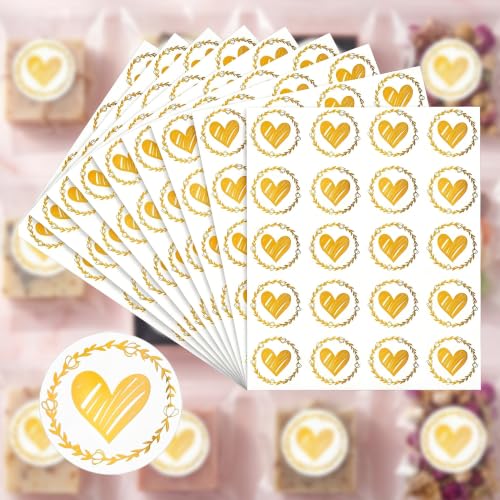 200Pcs/10sheets Gold Heart Stickers Sheets, Foil Floral Wreath Labels, Bridal Shower Envelope Seals, Small Business Party Favors, Holiday Decorations - color: 200pcs- Gold Heart