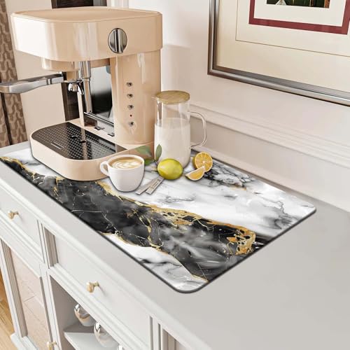 MCALK Marble Black Dish Drying Mat for Kitchen Counter, Luxurious Marble Texture Dish Drying Pad with Anti-Slip Rubber Base, Absorbent Kitchen Sink Mat with Modern Art Decor (1 pc 18" x 16") - size: 18" x 16"