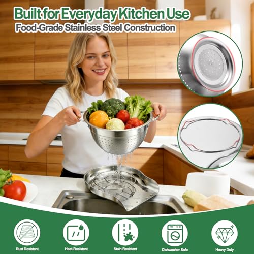Strainers and Colanders for Kitchen, 3-Piece Stainless Steel Set Pasta and Rice Strainer with Handles, Raised Draining Base for Easy Counter Use (7”, 9”, 11”)
