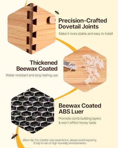 VEVOR 10 Frame Deep Brood Bee Hive Box, Bee Box Dipped in 100% Beeswax, Langstroth Beehive Kit with 10 Frames and Foundations Sheets and Transparent Acrylic Windows for Beekeeping Supplement - size: Deep Brood Box