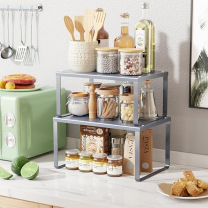 Simple Trending Cabinet Organizer Shelf, Set of 2 Kitchen Counter Shelves, Kitchen Storage, Stackable, Expandable, Metal Spice Rack for Cupboard, Bathroom, Desk, Pantry, Silver - color: Silver