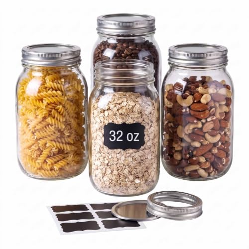 Mason Jars Airtight Lids,32oz Regular Mouth Food Grade Glass Canning Jars,Food Storage Leak-Proof, Dishwasher Safe, Perfect Fermenting, Pickling, Overnight Oats,Snacks, Candies, DIY Projects (4PACK) - size: 32oz*4PCS