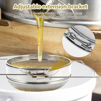 Stainless Steel Honey Strainer for 5 Gallon Bucket, Double Layer Mesh Honey Filter Strainer with Adjustable Support Legs, Universal Beekeeping Harvest Tool Fit Most Honey Pails