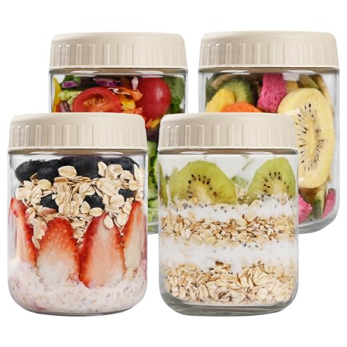 SHOWIN Overnight Oats Containers with Lids, 16oz Glass Jars with Lids 4 pcs, Apricot, Wide Mouth Mason jars for Salad, Yogurt, Snacks, Meal Prep - color: Camel, size: 16oz-4pc