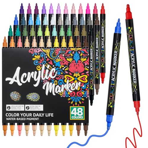 Craiiby 48 Colors Dual Tip Acrylic Paint Pens, Fine Tip & Dot Tip Acrylic Paint Markers, Water-Based Permanent Paint Pens for Rock Painting, Canvas, Glass, Ceramic, Wood, DIY Craft Art Supplies - color: 48 Colors Dual Tip Acrylic Paint Markers
