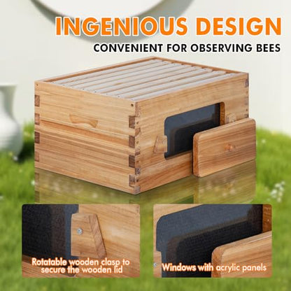 Honey Lake 8 Frame Beehive Deep Brood Box with Window, Langstroth Bee Hive Box Kit Dipped in Beeswax Include Wooden Frames & Waxed Foundations, Bee Boxes for Beekeeping Supplement (Unassembled) - size: 8-Frame