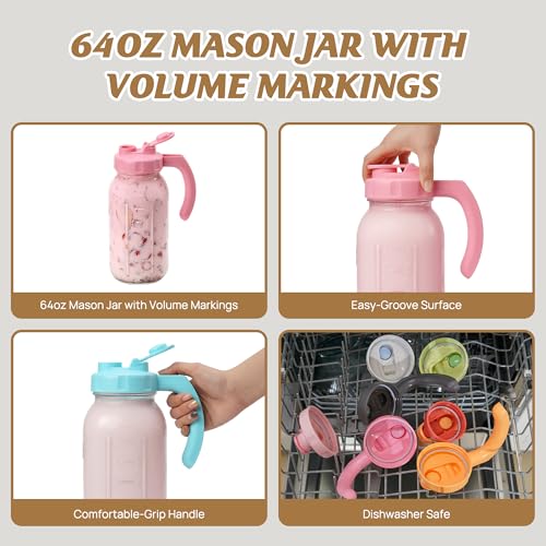 Soligt Glass Mason Jar Pitcher with Lid, Wide Mouth Flip Cap Pour Spout Leak-proof Lid with Handle, 64 oz (2 Quart / 1.9 Liter), for Iced Coffee/Sun Tea Juice/Cold Brew Coffee/Milk (1Pack, Taffy Pink) - color: Taffy Pink