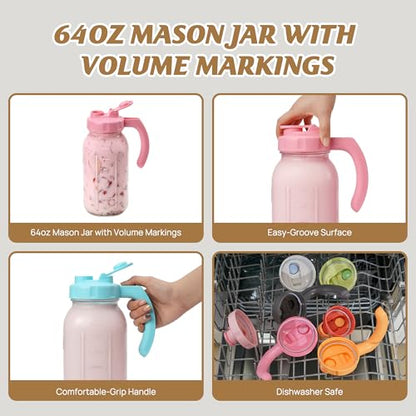 Soligt Glass Mason Jar Pitcher with Lid, Wide Mouth Flip Cap Pour Spout Leak-proof Lid with Handle, 64 oz (2 Quart / 1.9 Liter), for Iced Coffee/Sun Tea Juice/Cold Brew Coffee/Milk (1Pack, Taffy Pink) - color: Taffy Pink
