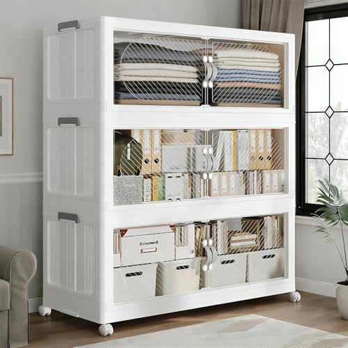 180QT Extra Large Stackable Storage Bins with Lid & Wheels & Doors, 45Gal Foldable Collapsible Closet Organizers, Plastic Cabinet Box Container Drawer for Home Kitchen Bedroom, 3Pack White - color: White, size: 60QT-3Pack