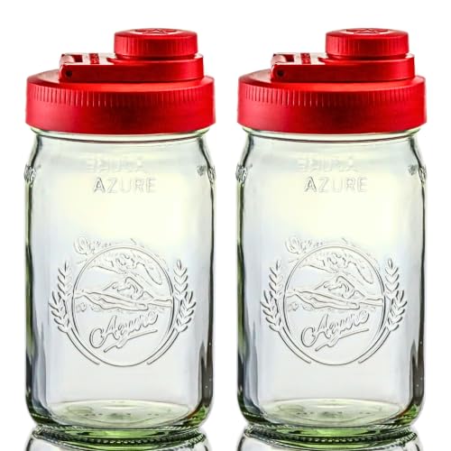 Brewing America Glass Mason Jar Pitcher with Lid - Azure Jars, 1 Quart (32 oz) with Old Glory Red Wide Mouth Pour Lid, for Smoothie, Boba Cup, Sun Tea, Cold Coffee Glass Tumbler, 2-Pack - color: Old Glory Red